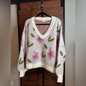 POL Floral V-Neck Sweater - Pink and Green